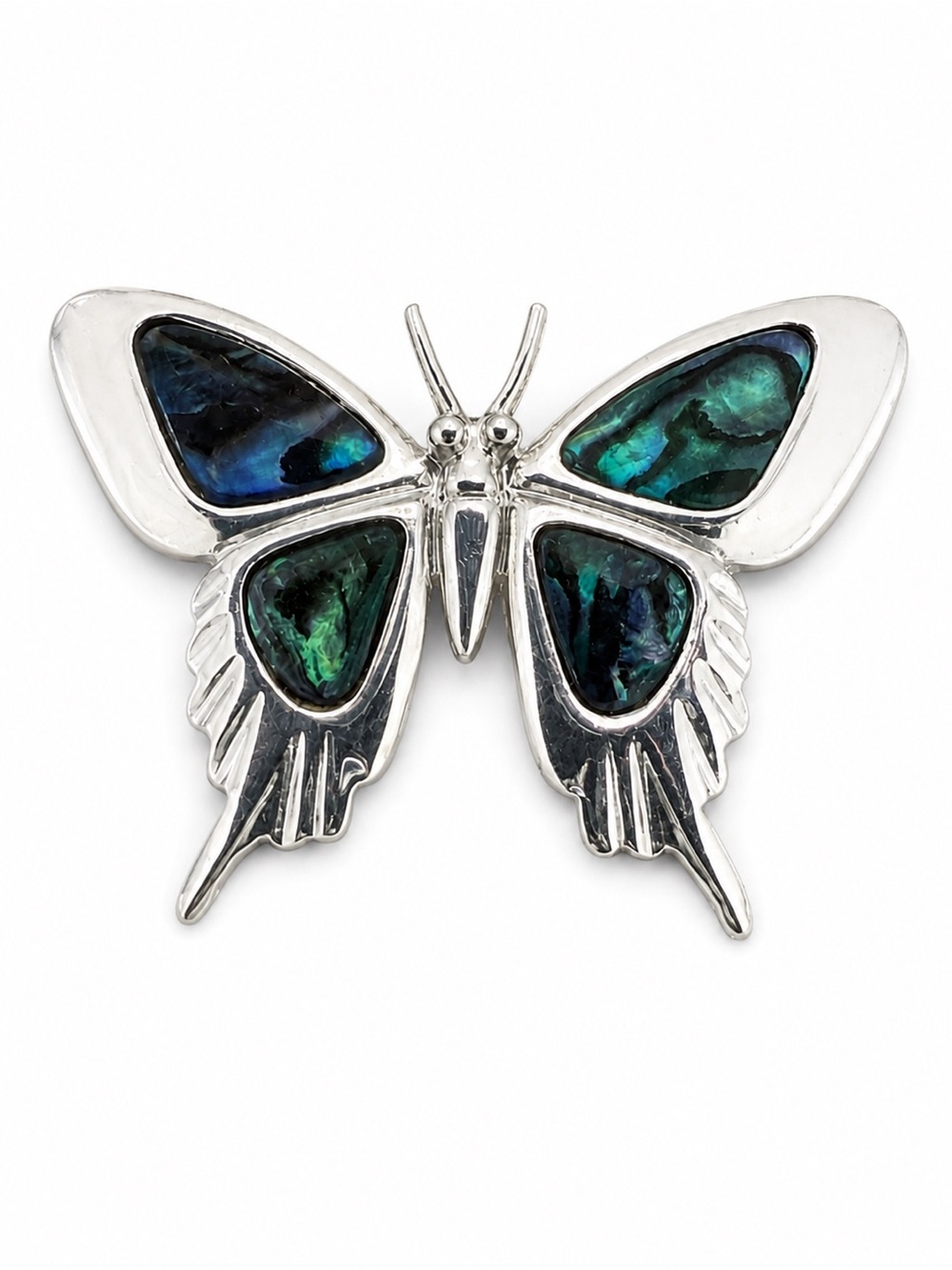 Vintage Abalone Shell Butterfly Brooch Silver Tone Blue Green Inlay Pin